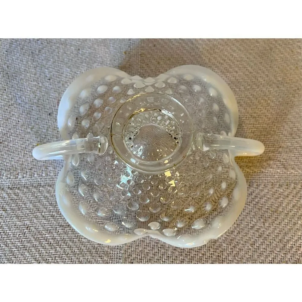 Vintage FENTON Art Glass Handles French Moonstone Opalescent Hobnail CANDY DISH